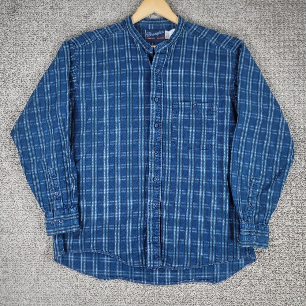 Wrangler X Long Tails Mens Blue Plaid Band Collar Long Sleeve Shirt L 16 1/2 35 - Picture 2 of 8